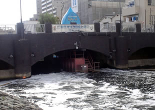 横十間川親水公園の水門橋に設置されているマイクロ水力発電施設。橋の上の表示パネルから発電量や発電の仕組みなど関連する情報を確認することができる。