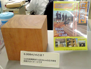 カーボンマイナスこどもアクションとは直接の関係はないが、江東区では、公共施設への木材利用促進のため、新築の建造物には1m<sup>2</sup>当たり0.008m<sup>3</sup>以上の木材を使っていこうという方針を立てている。これを立方体にするとちょうど20㎝四方になり、わかりやすく伝えるために実物大の木片を区の窓口にも飾ってある。