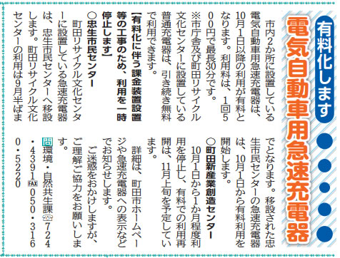 広報まちだ（2015年7月21日号）の誌面で告知した急速充電器の有料化。