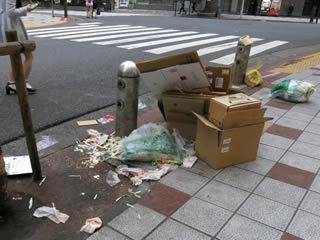 カラスに荒らされて氾濫するごみ。（認定NPO法人自然環境復元協会提供）