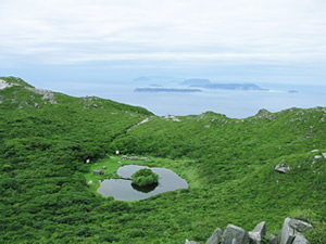 天上山の不動池。水深によってハート形に見えることがある。