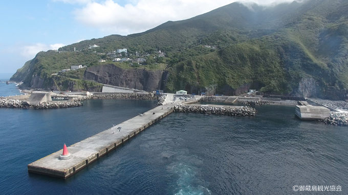 御蔵島港桟橋から望む。港から坂を登った先の狭小で急峻な段丘上に集中して施設や宅地が建ち並ぶ様子が見て取れる。（図版提供：御蔵島観光協会）