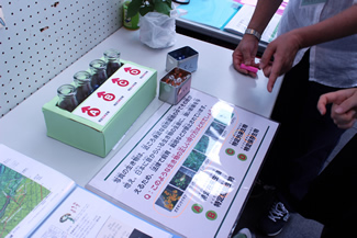 自由学園のブースでは、外来種について調べた結果などを紹介。クイズでは、これら在来生物に強い影響を与える生きものについて、4つの選択肢の中から正解と思うビンの中にビー玉を投入する方式をとった。