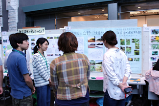 自由学園のブースでは、外来種について調べた結果などを紹介。クイズでは、これら在来生物に強い影響を与える生きものについて、4つの選択肢の中から正解と思うビンの中にビー玉を投入する方式をとった。
