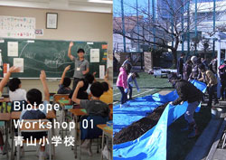写真：青山小学校での第1回ビオトープ・ワークショップの様子（提供：青山商店会連合会）