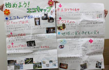 エコキャップによる途上国支援の流れを図解する手描きのパネル。