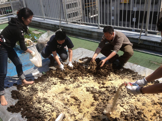 屋上菜園の様子。右は、前年の土をひっくり返して、骨粉・米ぬか・鹿沼土を混ぜて、萌え米のための土づくり。（NPO法人リコリタ提供）