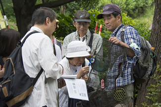網で捕れた外来生物を覗き込む観察会の参加者。 