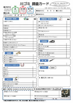 調査カード。世界共通の「国際海岸クリーンアップ（ICC）」調査項目を河川用として合わせているので、国際データとして活用される。