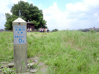 土手の上に立つ、『大栗川左岸　多摩川からOkm』の標識。