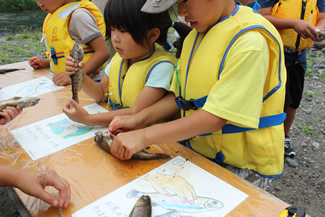 捕まえた魚を手に、岸に上がると、腹を裂いて串に刺す作業が待っている。慣れない作業に手間取りながらも、何とかさばき終えて、串を手にする。
