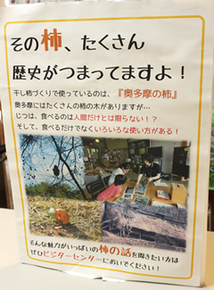 今回の干し柿づくり体験はクラフトセンター主催のイベントだが、これに合わせて、ビジターセンターでも柿の話を聞きにきませんかと案内を表示。