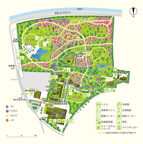 府中市郷土の森博物館の園内マップ。敷地のほぼ中央に、東西に走る道と川の流れで、府中崖線、通称「ハケ」が再現されている。